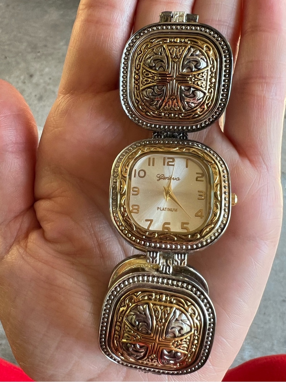 Geneva Silver-Tone Ornate Link Bracelet Watch